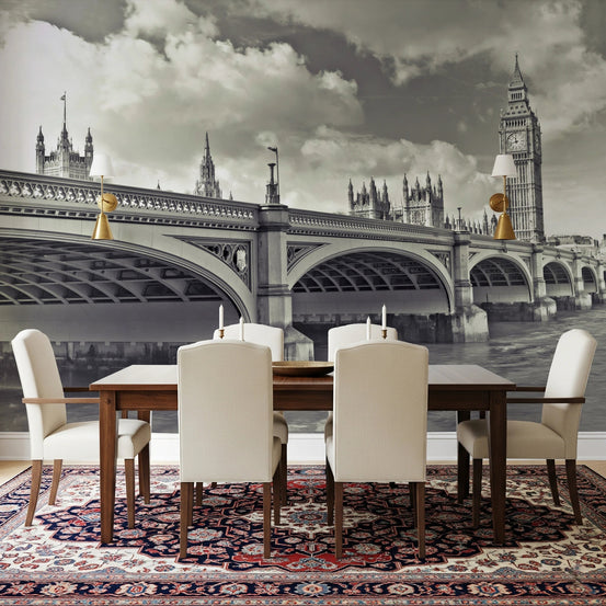 Dining room styled with Westminster's Hour Wall Mural and iconic bridge skyline, GD8624