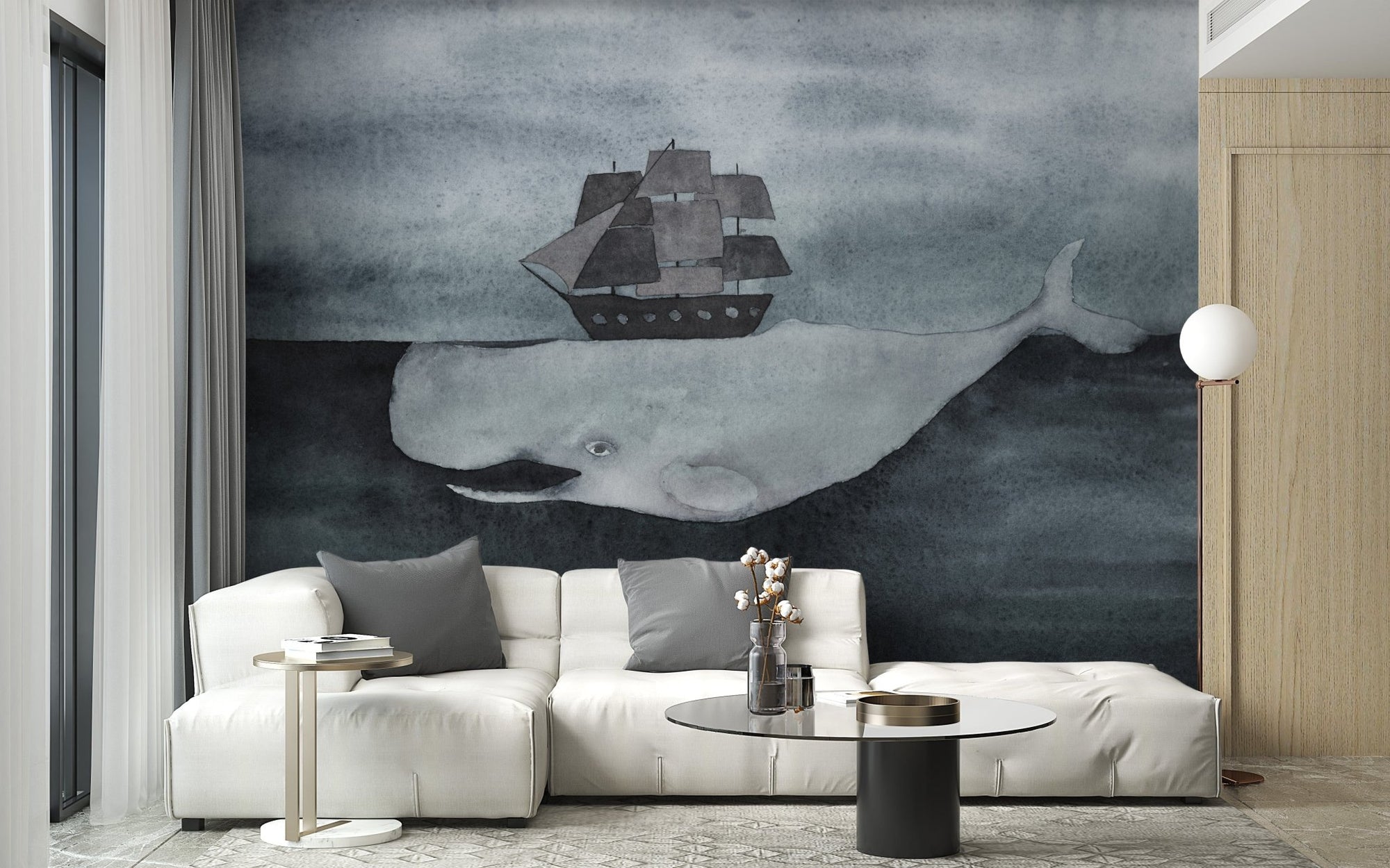 Dark whale wallpaper mural with ship
 A684