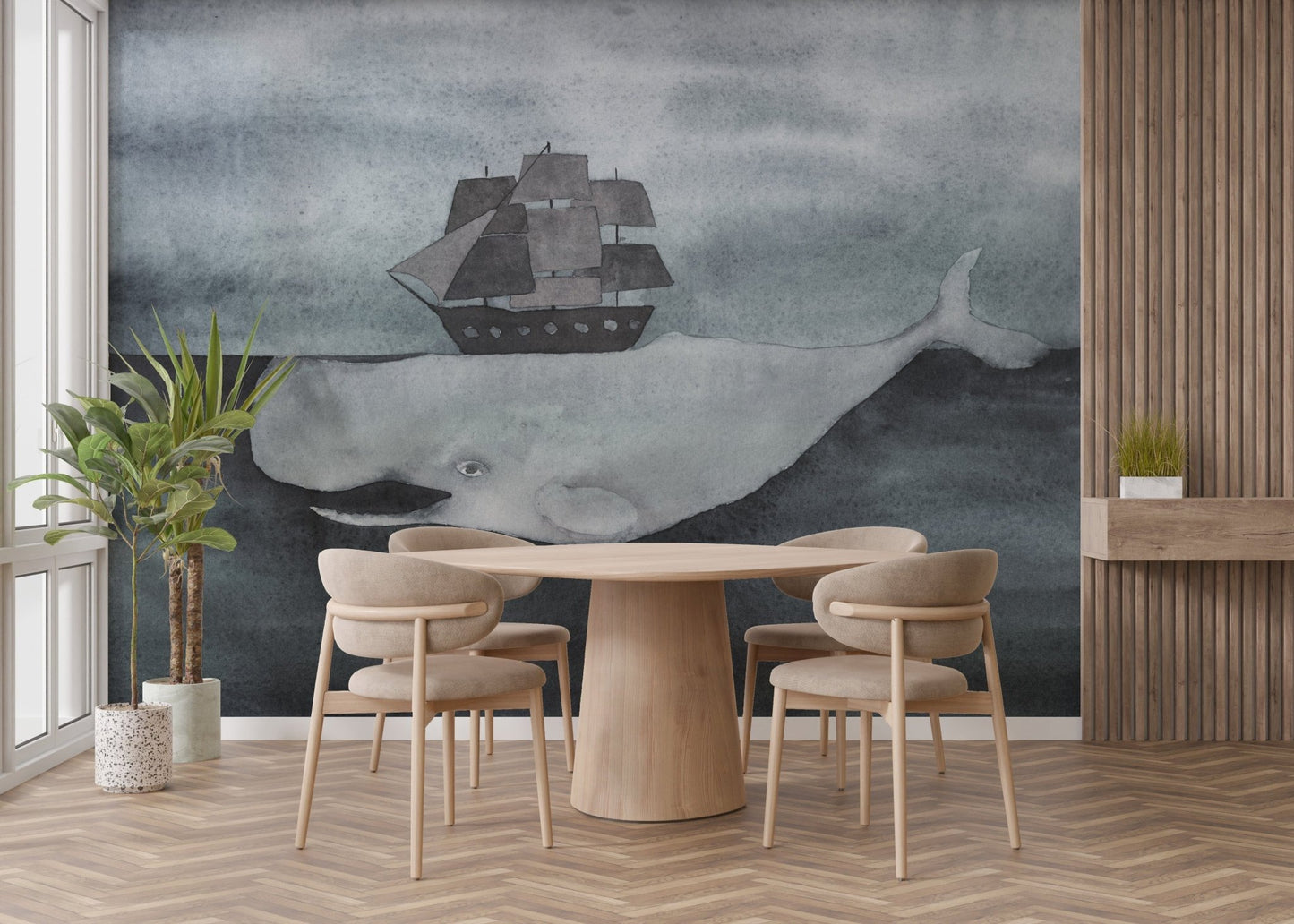 Whale and ship wallpaper for interiors
