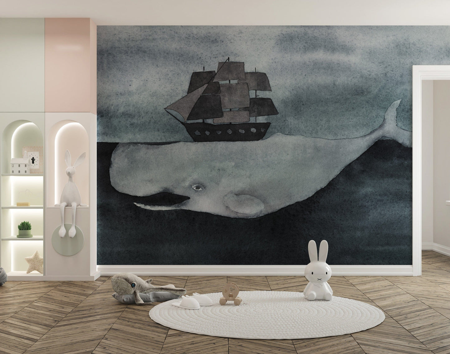 Whale and ship wall design in dark tones
