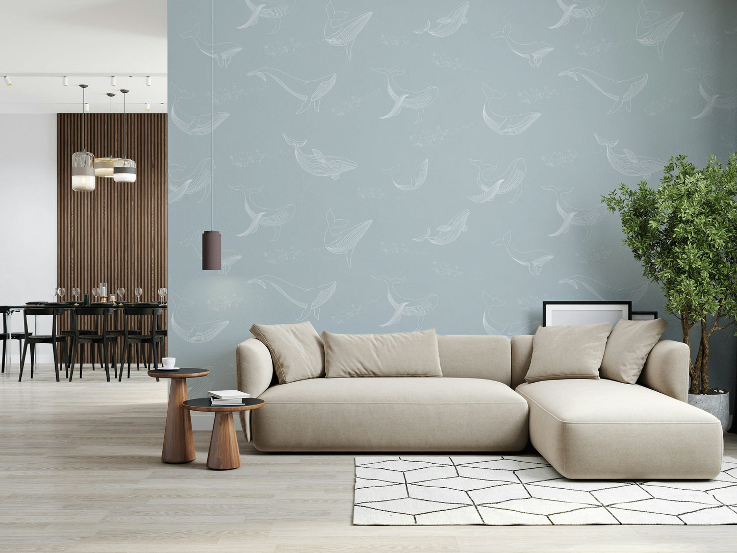 Artistic Aqua Whale Dreams wallpaper for a serene feature wall.