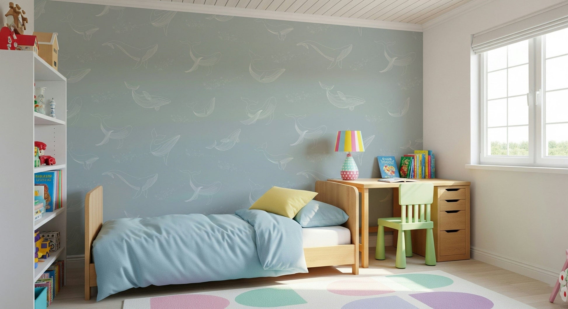 Aqua Whale Dreams wall mural with soft teal tones in a lounge.
