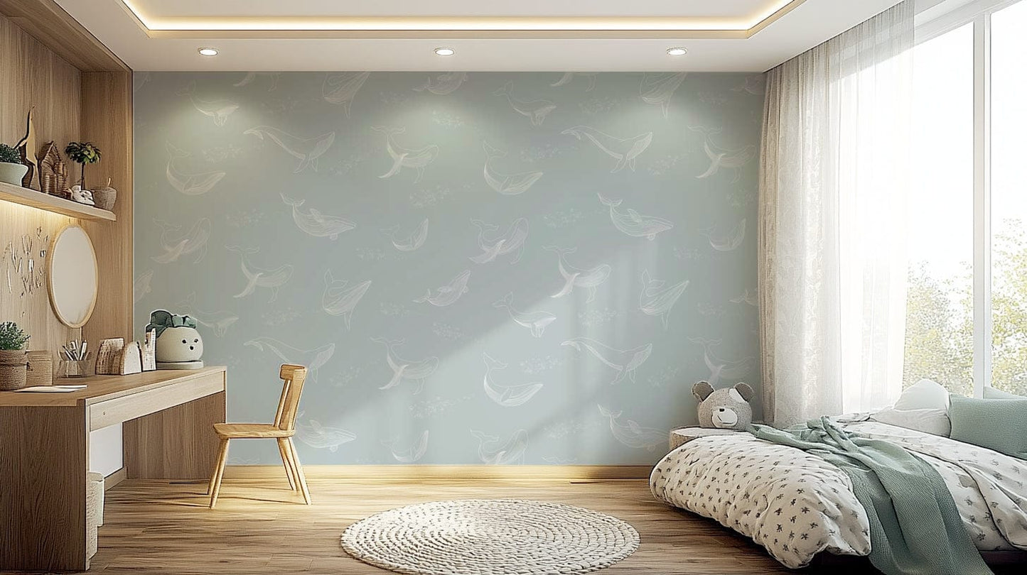 Aqua Whale Dreams wall mural with ocean motifs in a modern bedroom.