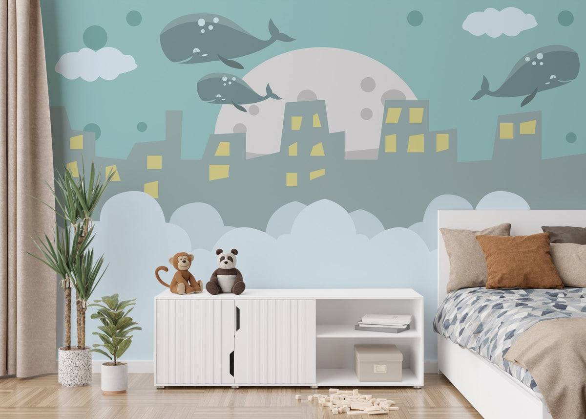 Flying Whale on City Wallpaper Mural A700