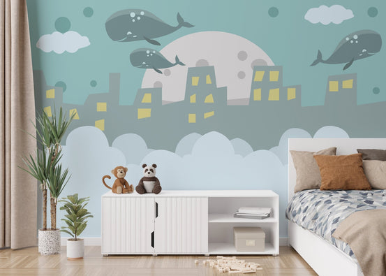 Flying Whale on City Wallpaper Mural A700