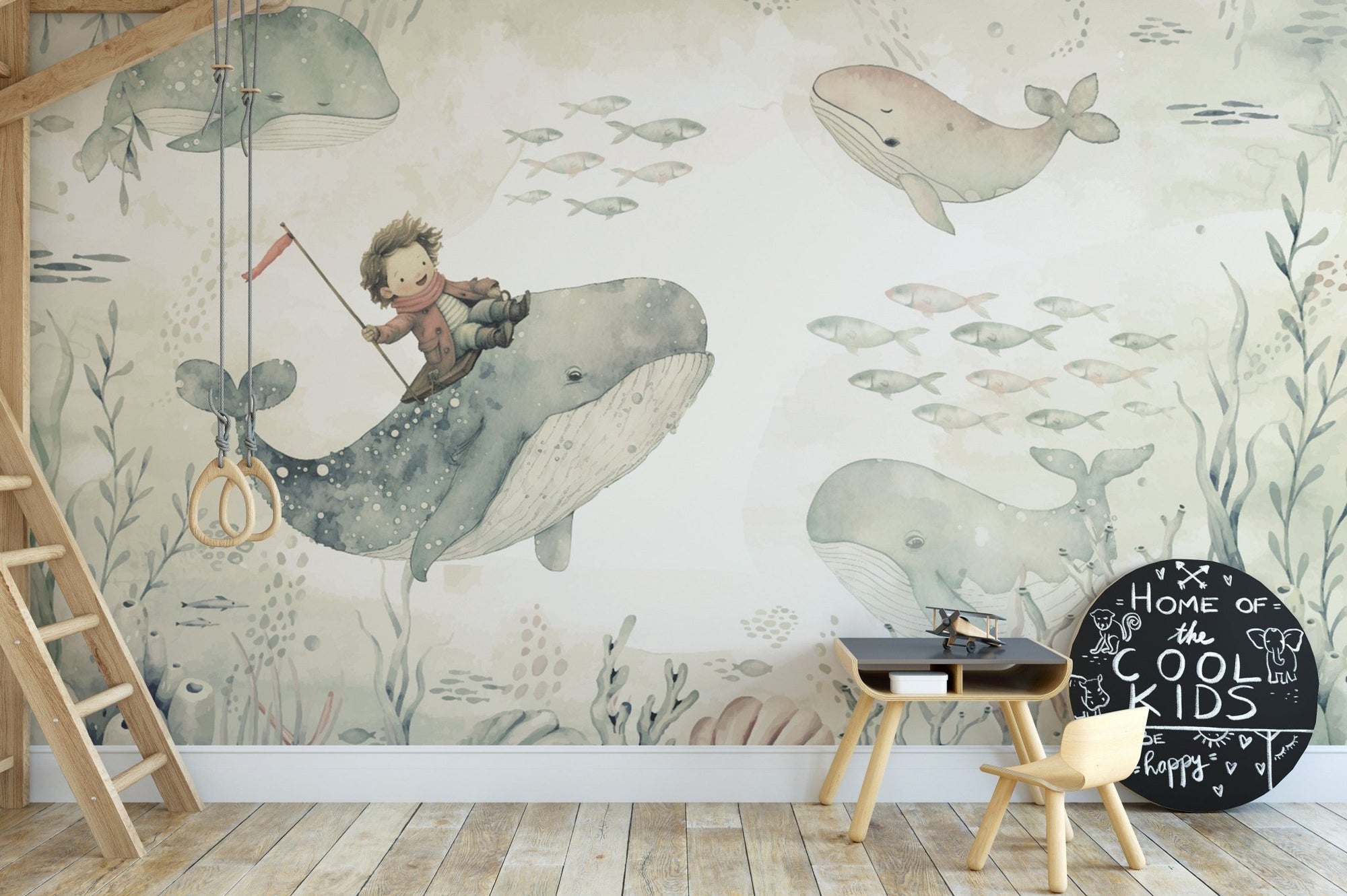 Whale ride ocean wallpaper for kids D166
