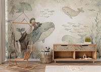 Cartoon whale ocean wallpaper design
