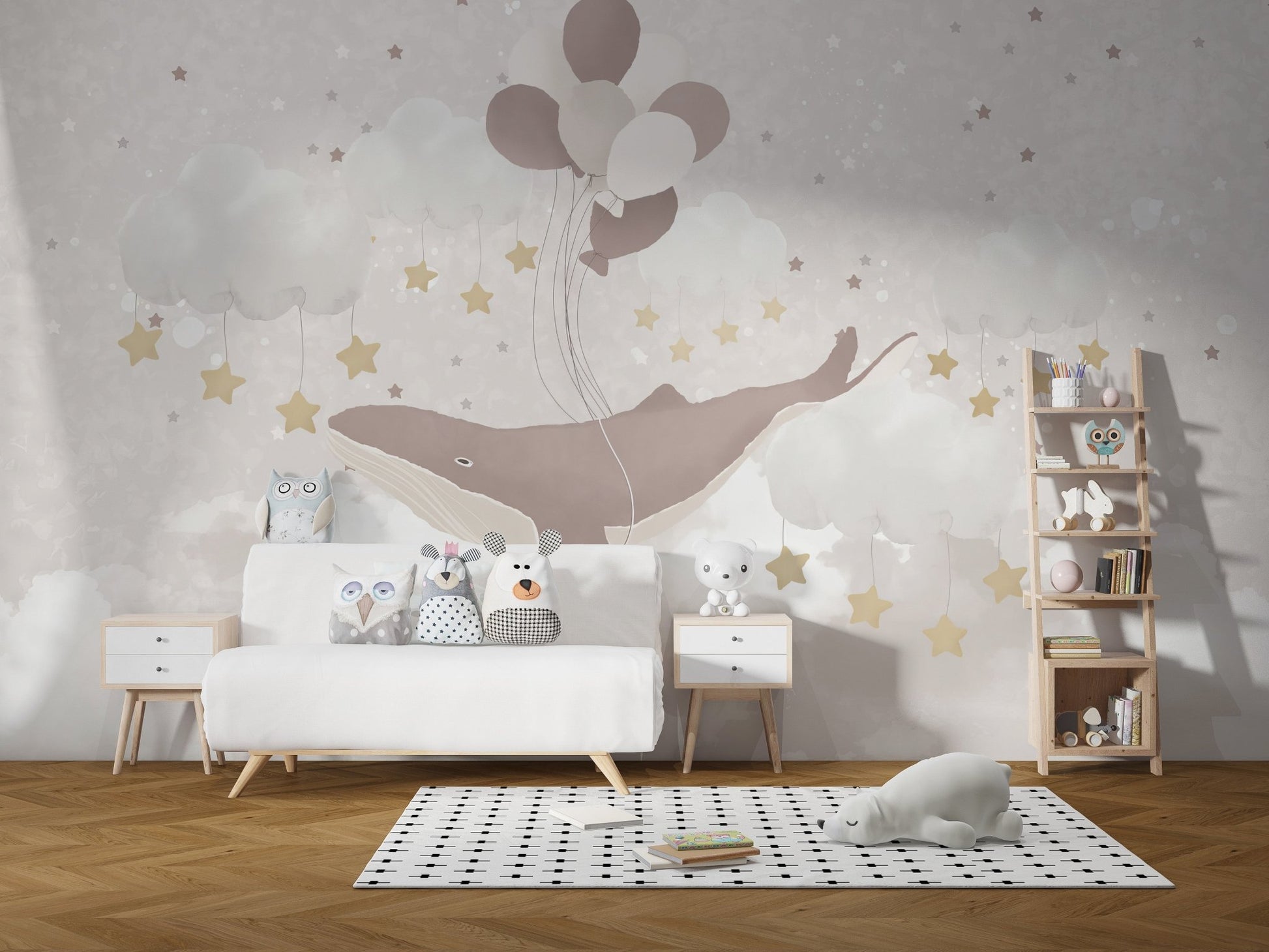 Kids room mural with floating whale
