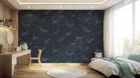 Large cetacean illustration on bedroom wall mural for a calm sleeping area.