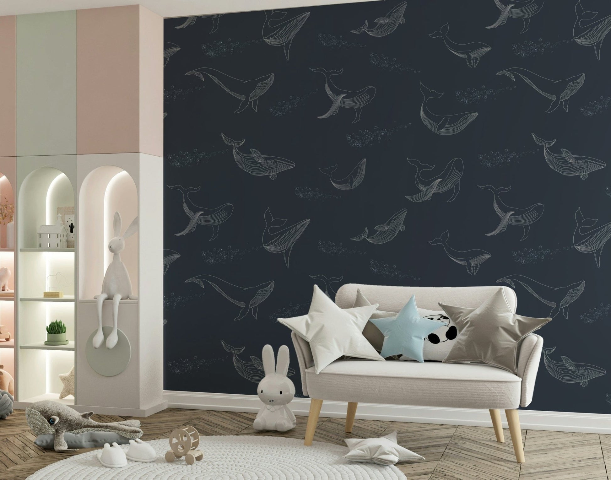 Whale Song Serenade Wall Mural in a quiet nursery room