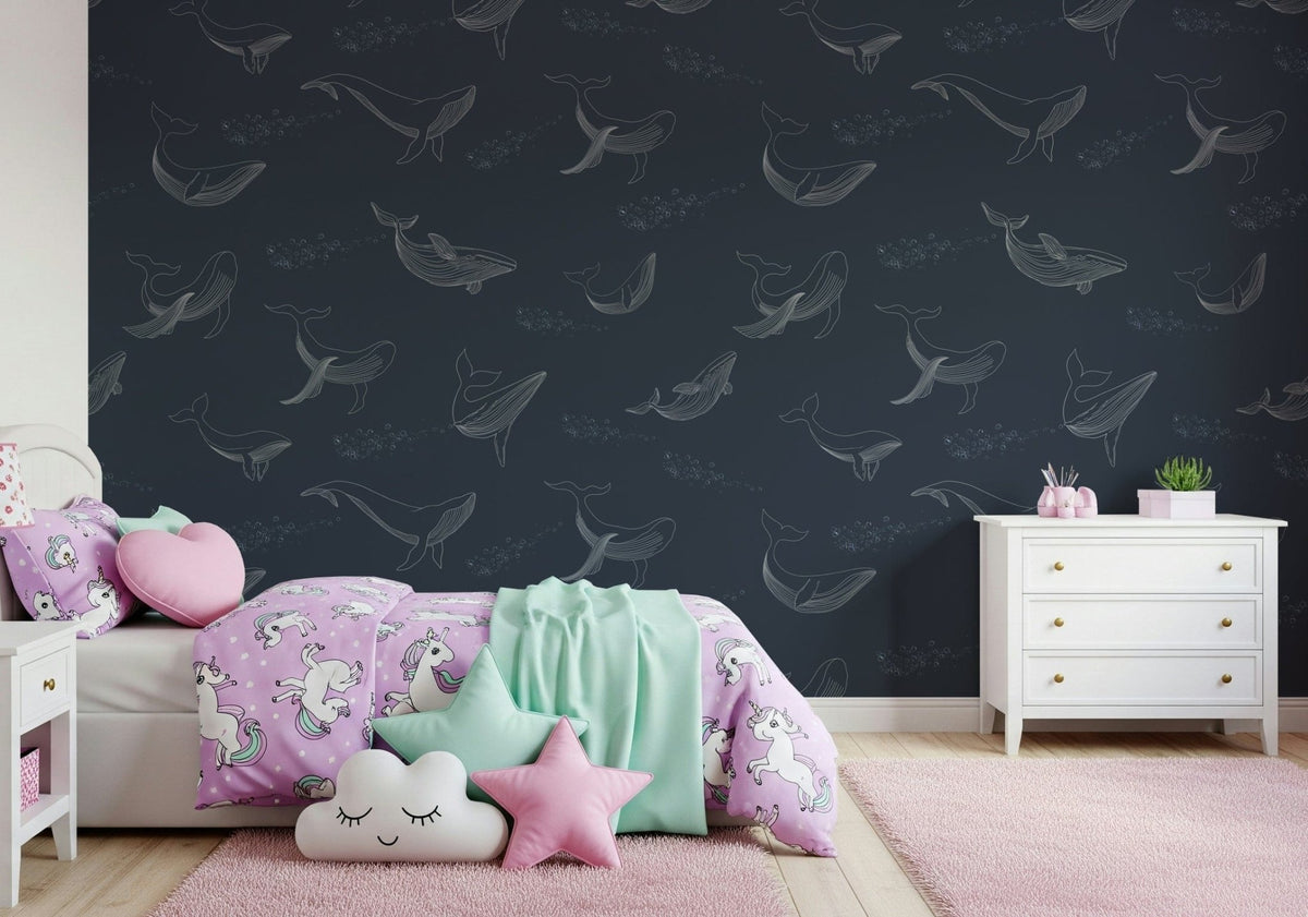 Whale Song Serenade Wall Mural in a minimalist living room with blue accents., GD7587