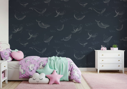 Whale Song Serenade Wall Mural in a minimalist living room with blue accents.