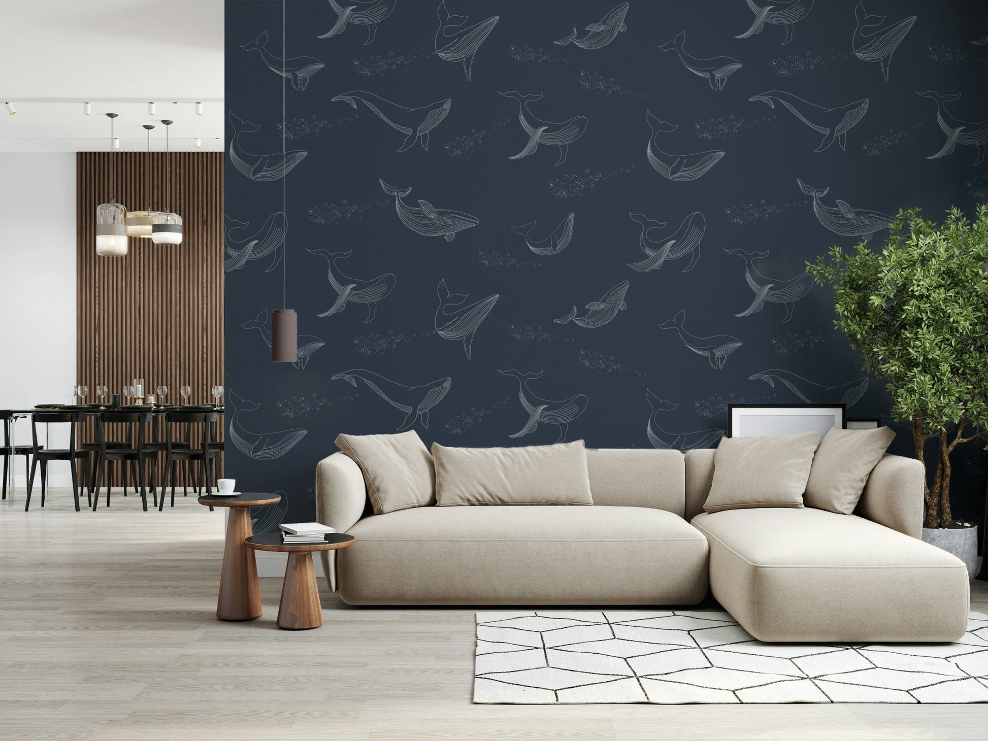 Whale Song Serenade Wall Mural used as a feature wall in a guest lounge.