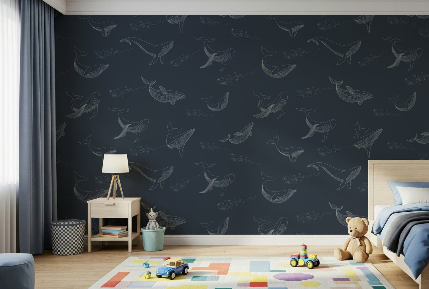 Blue ocean waves and marine life wall decor in a contemporary study space.