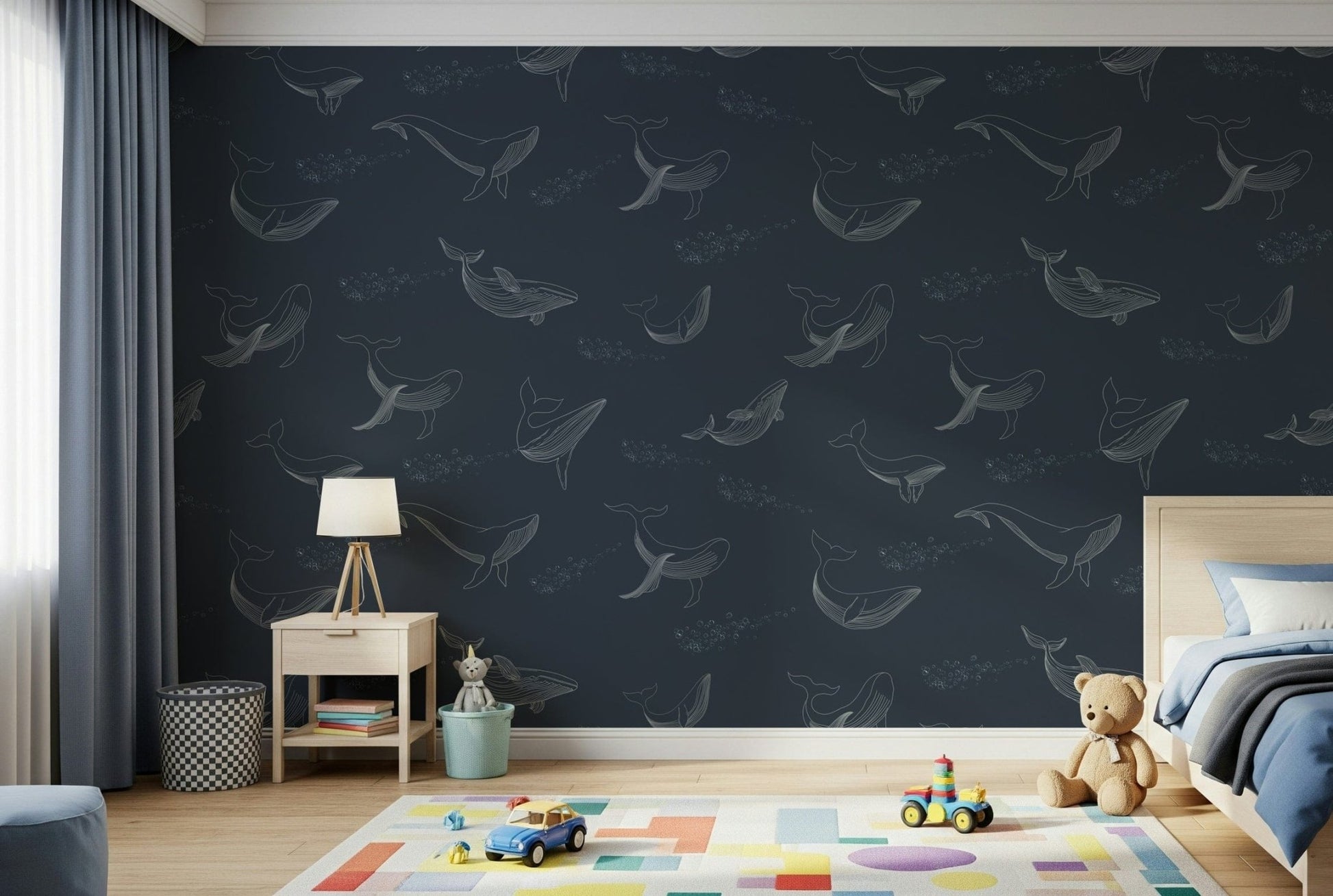 Blue ocean waves and marine life wall decor in a contemporary study space.