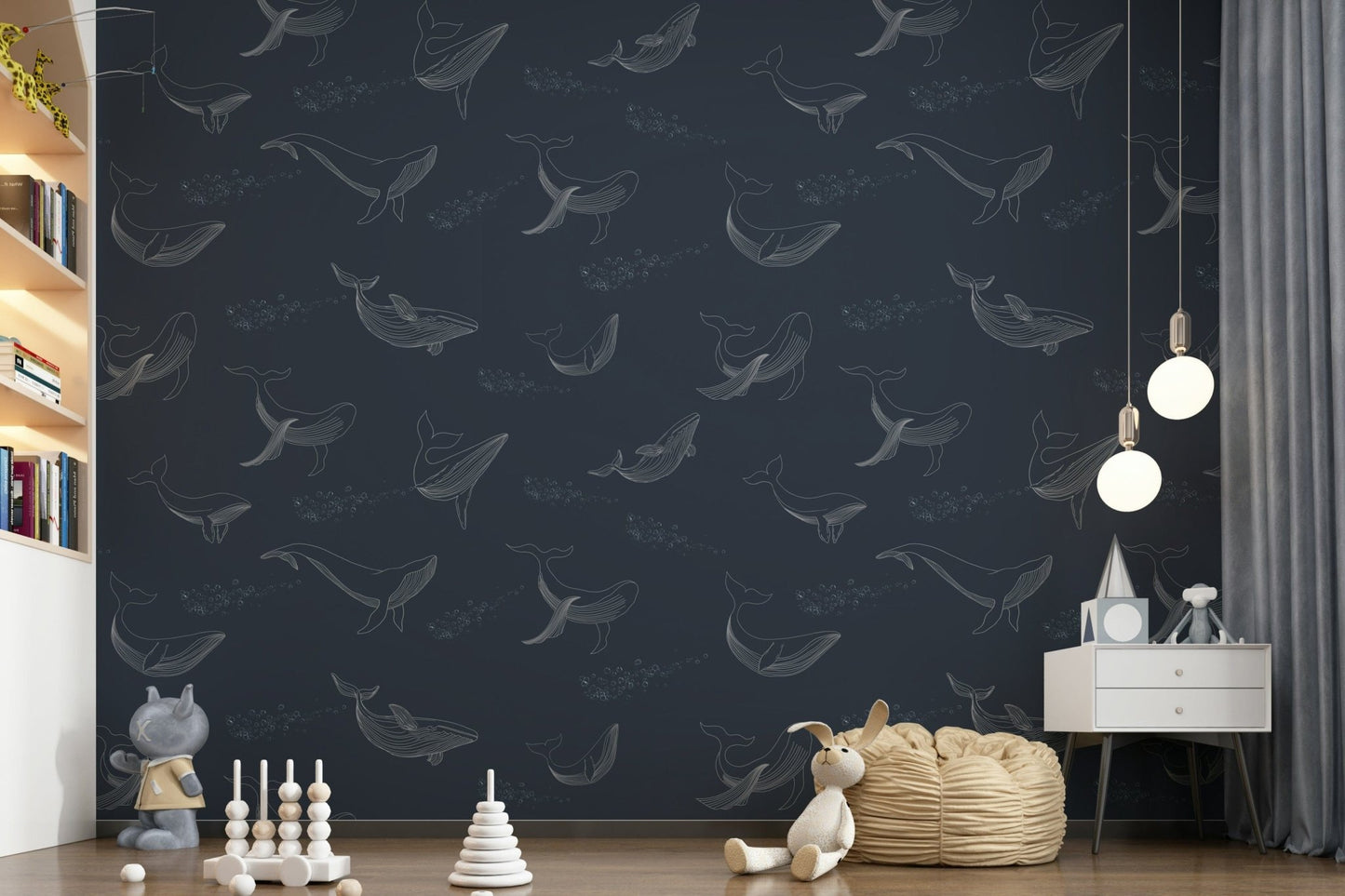 Ocean themed Whale Song Serenade Wall Mural in a bright open plan flat.