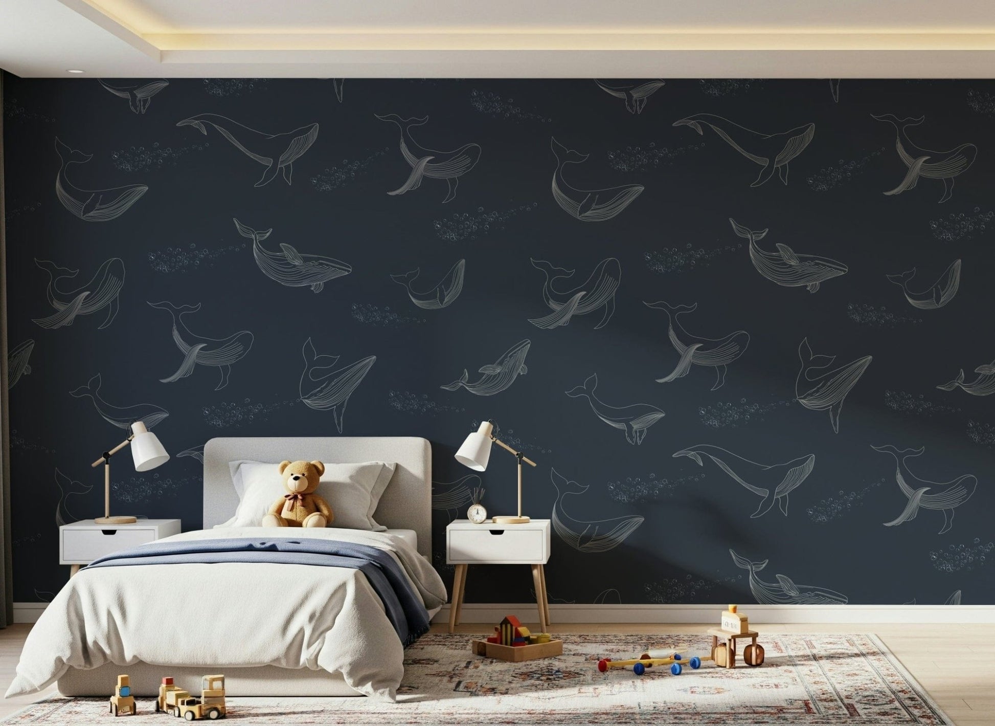 Whale Song Serenade Wall Mural in a creative studio with wooden floors.