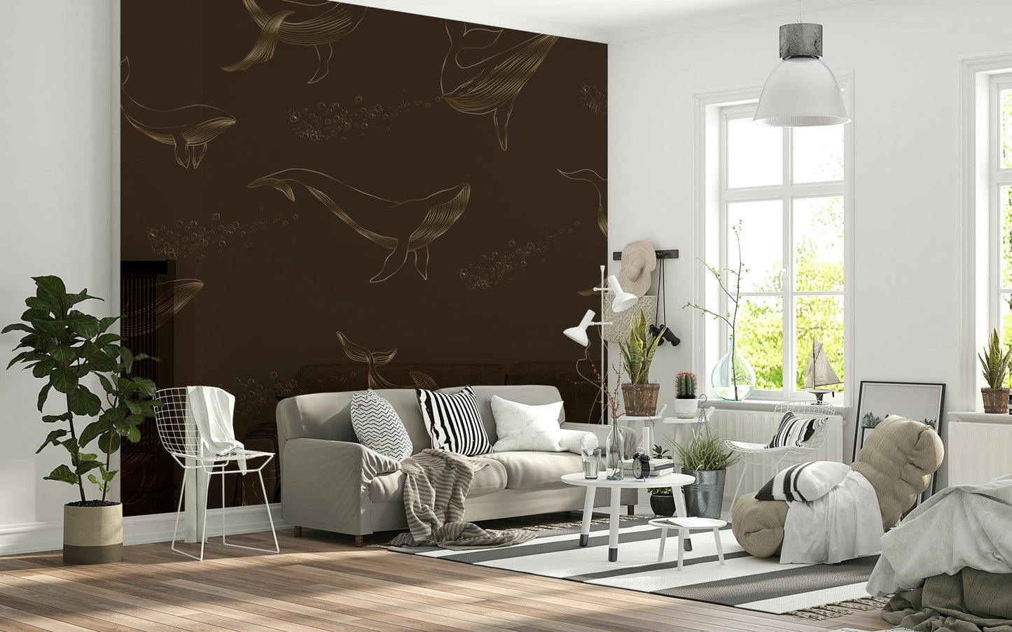 Minimalist nursery featuring a soft Whale Song wallpaper.