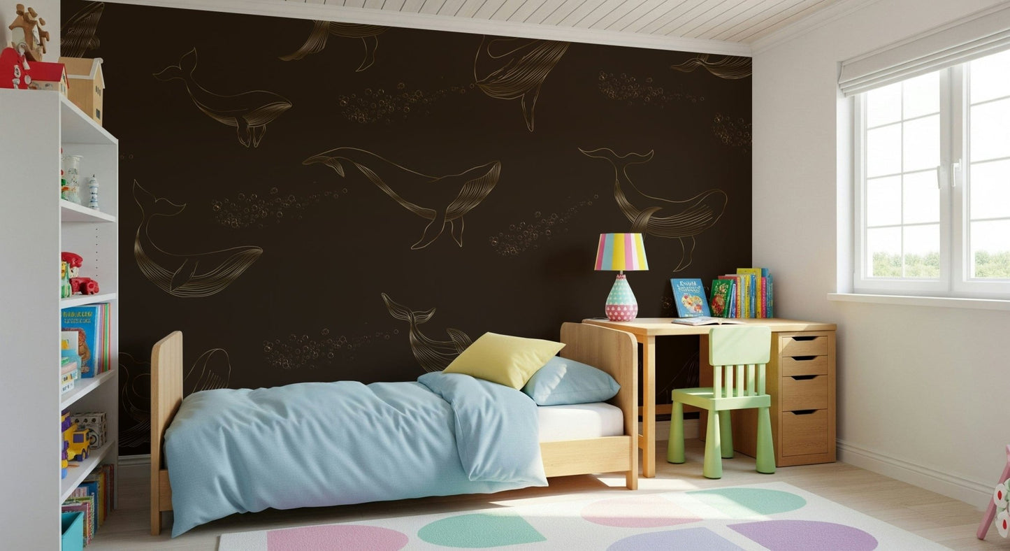 Whale Song wall mural showcasing marine life in a home office.