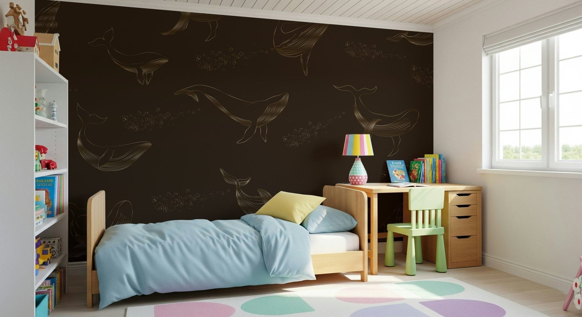 Whale Song wall mural showcasing marine life in a home office.