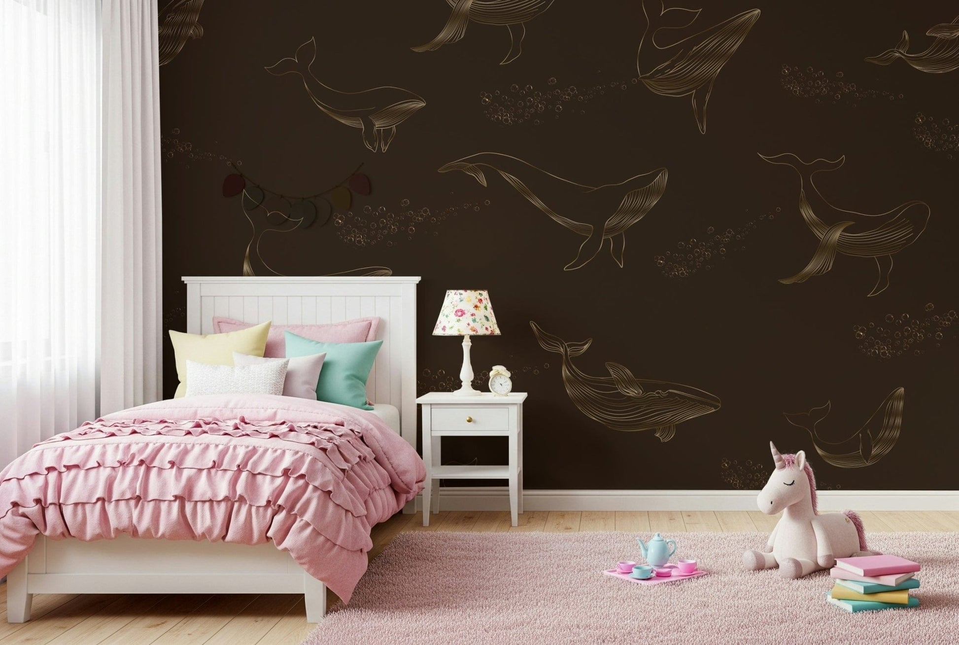 Minimalist living room featuring a blue Whale Song wallpaper.