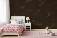Minimalist living room featuring a blue Whale Song wallpaper.