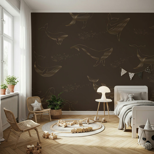 Whale Song wallpaper behind a contemporary grey sofa.