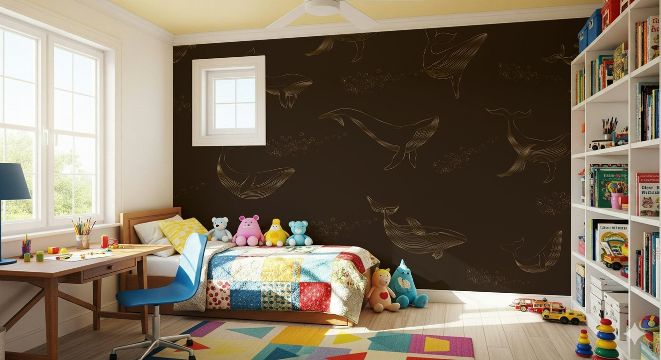 Whale Song wall mural with deep sea creatures in a modern bedroom.