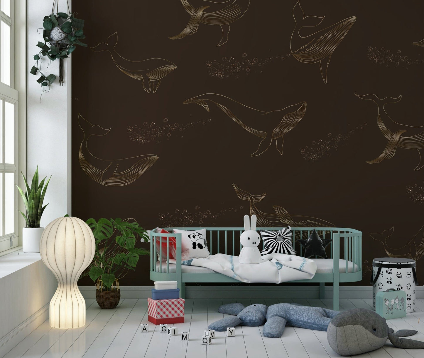 Large scale Whale Song wall mural in a bright dining space.