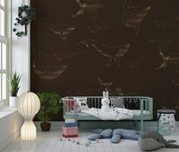 Large scale Whale Song wall mural in a bright dining space.
