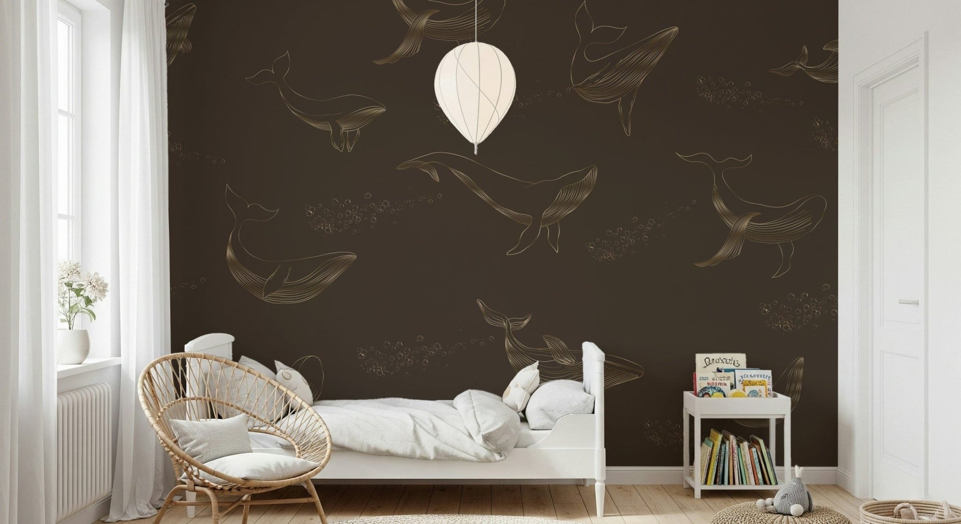 Whale Song wall mural with watercolor textures in a corridor.