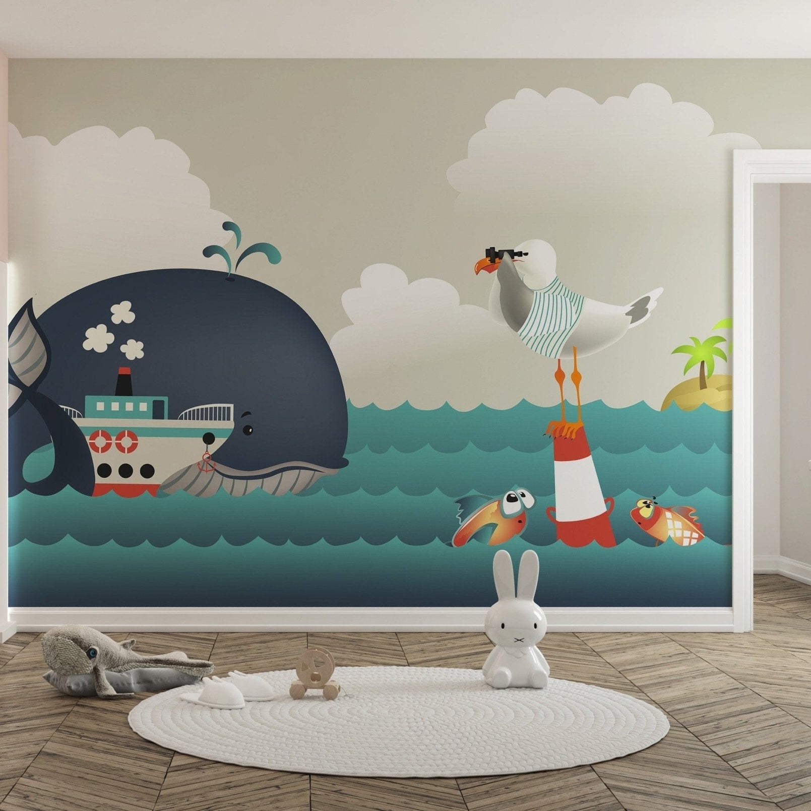 Whale & Steamer Kids Wallpaper Mural - Giffywalls A286