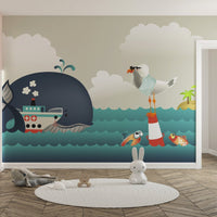 Whale & Steamer Kids Wallpaper Mural - Giffywalls A286
