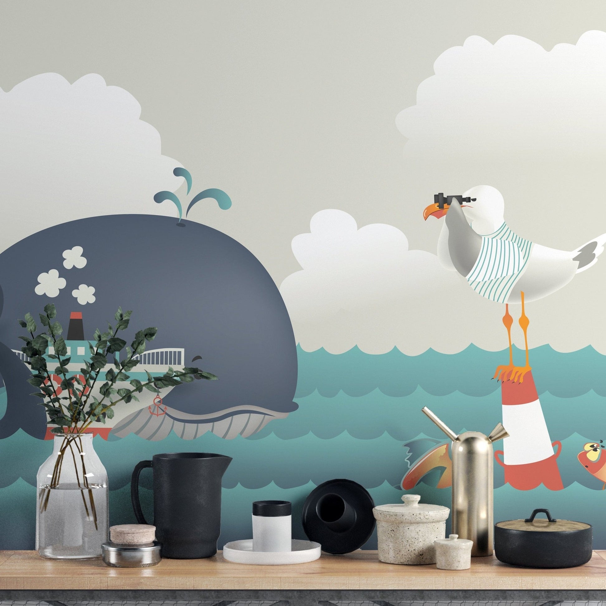 Whale & Steamer Kids Wallpaper Mural - Giffywalls A286