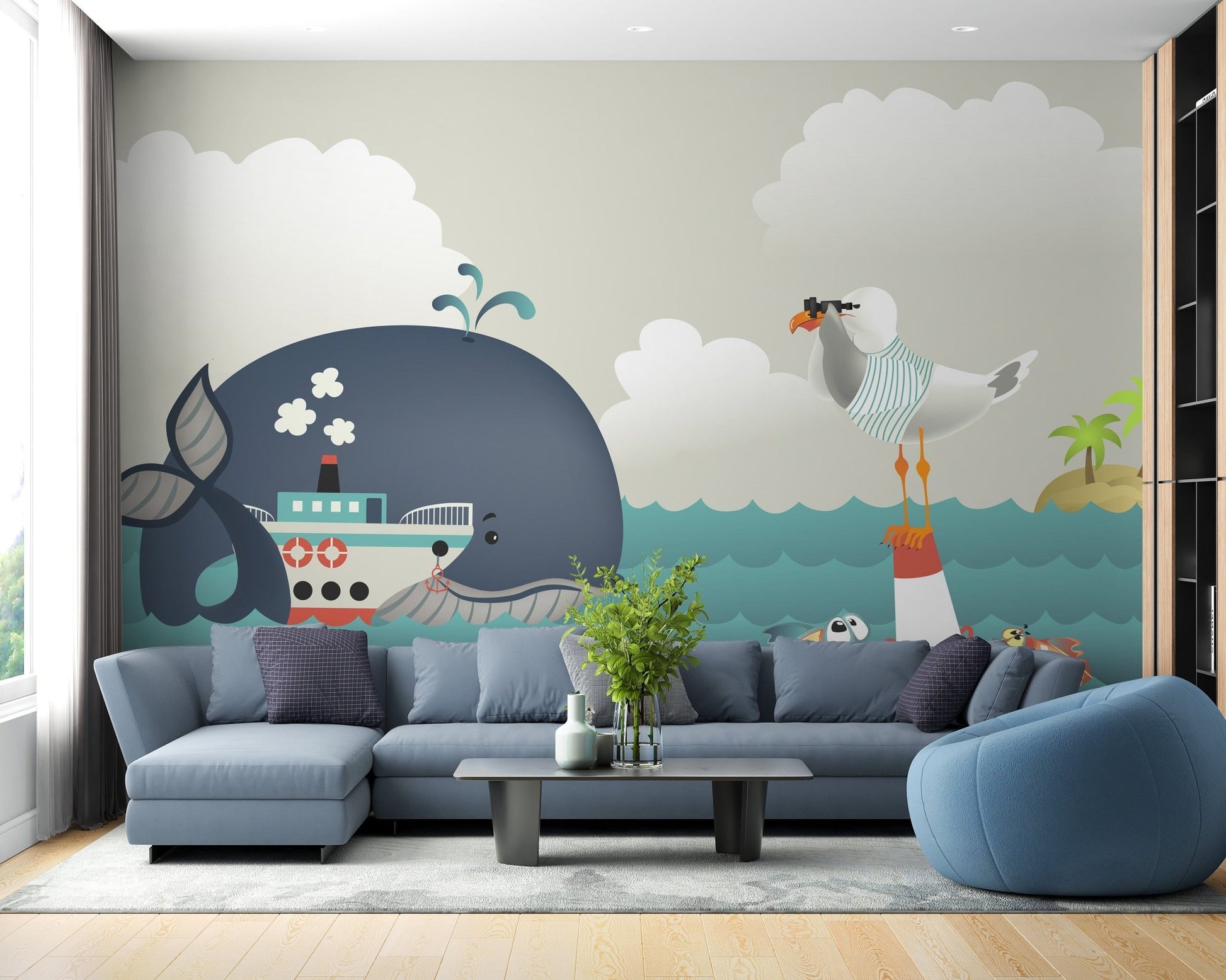 Whale and steamer kids wallpaper mural A286