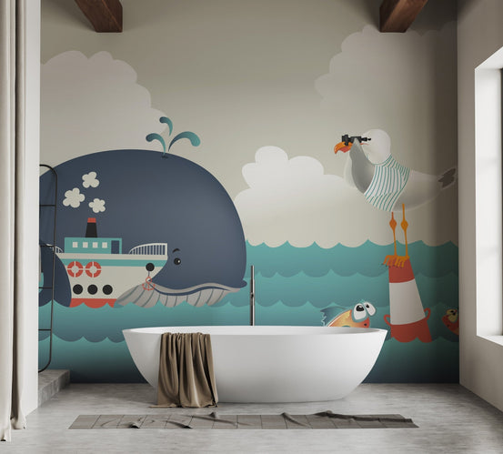 Whale & Steamer Kids Wallpaper Mural A286