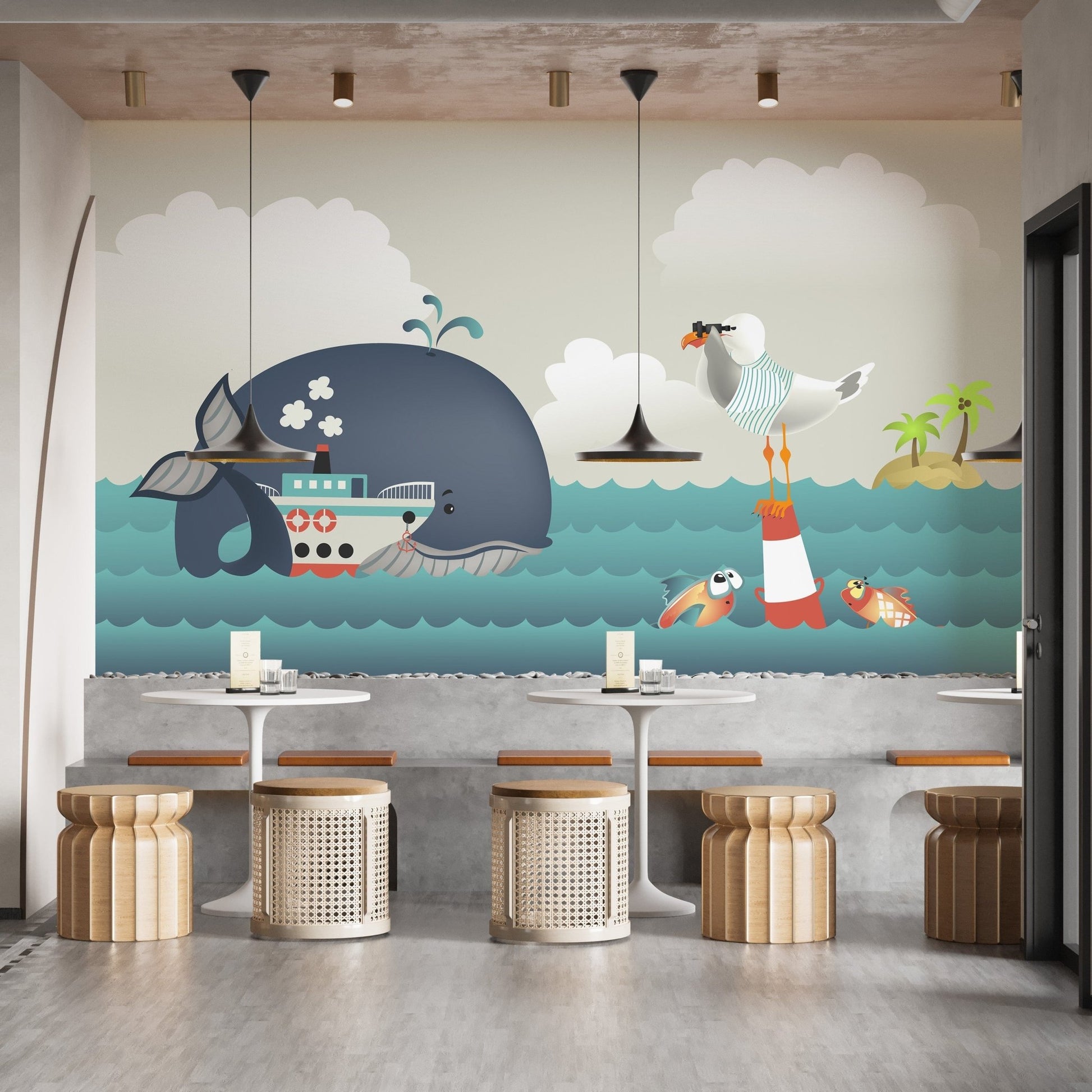 Whale and steamer wallpaper mural for playrooms A286