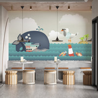 Whale and steamer wallpaper mural for playrooms A286
