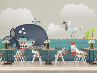 Whimsical whale and steamer mural for kids' interiors A286