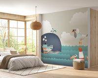 Whale and steamer wallpaper mural for rooms A286