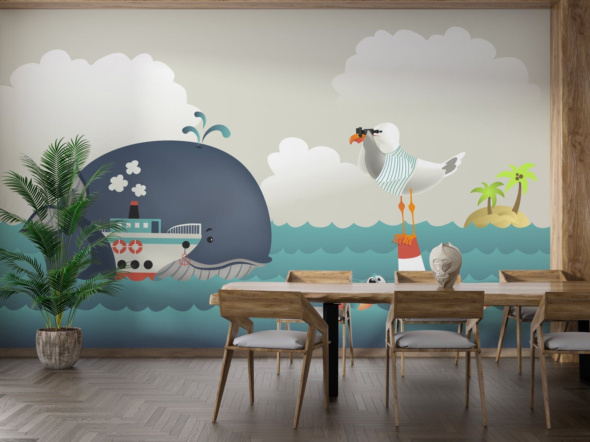 Whale and steamer kids wallpaper mural A286