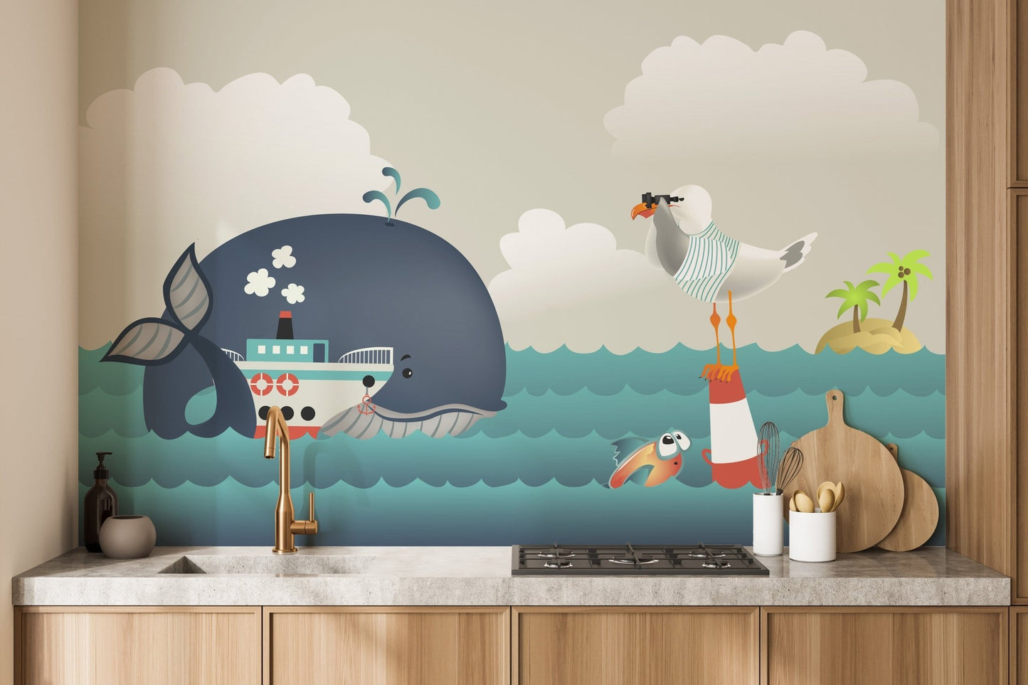 Whale & Steamer Kids Wallpaper Mural - Giffywalls A286