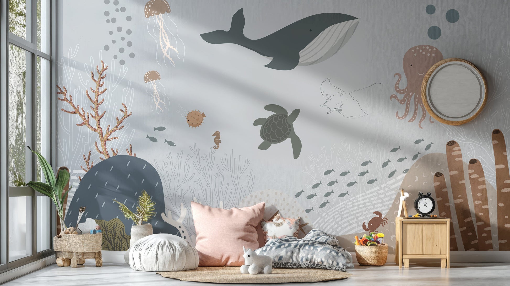 Nautical whale wallpaper for decor
