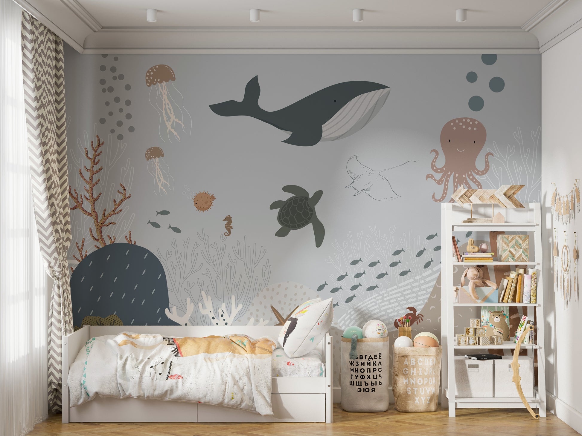 Ocean-inspired whale wallpaper print
