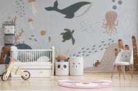 Whale and sea waves wallpaper design
