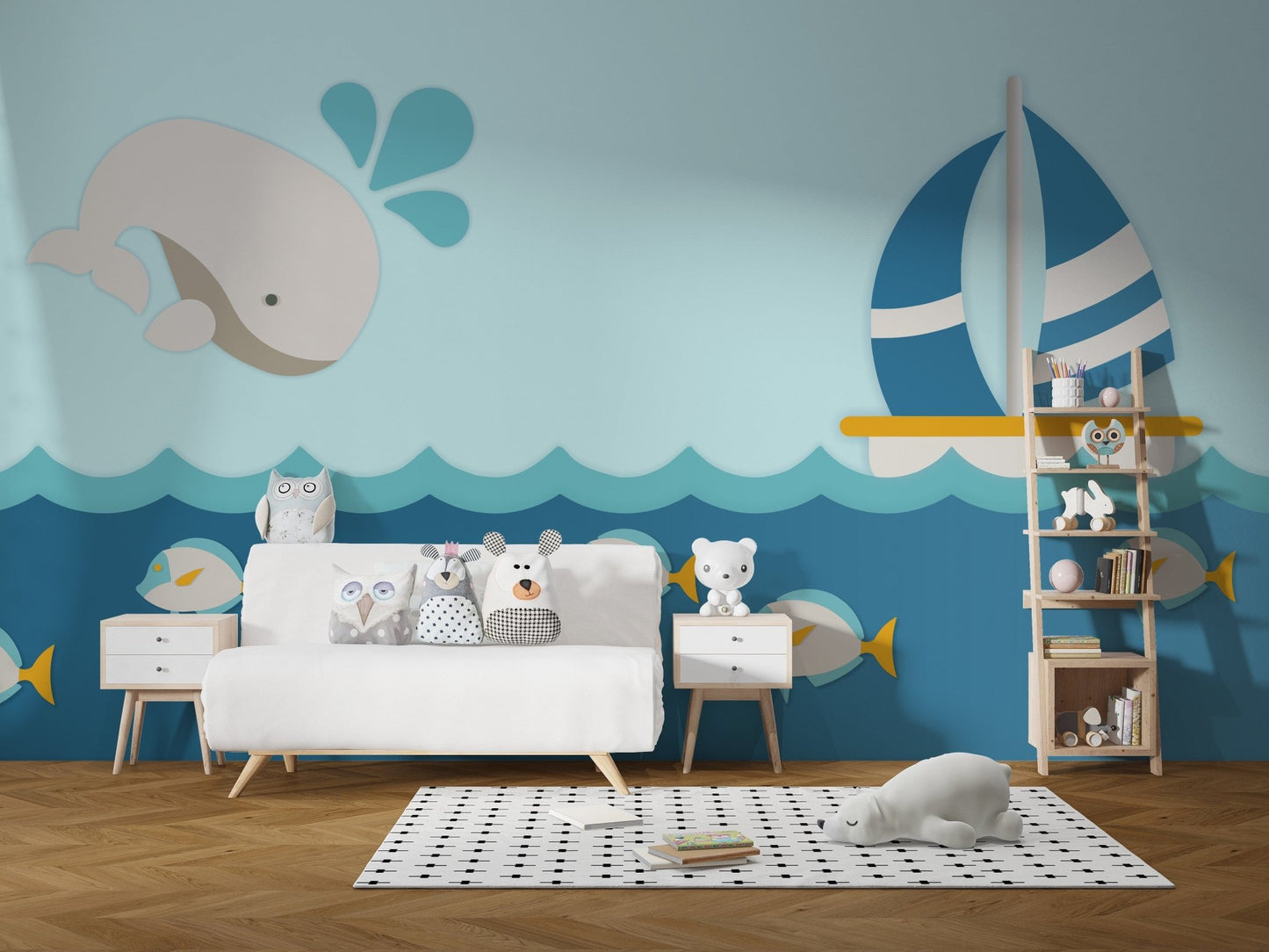 Nautical-themed nursery wallpaper mural with whale design A642
