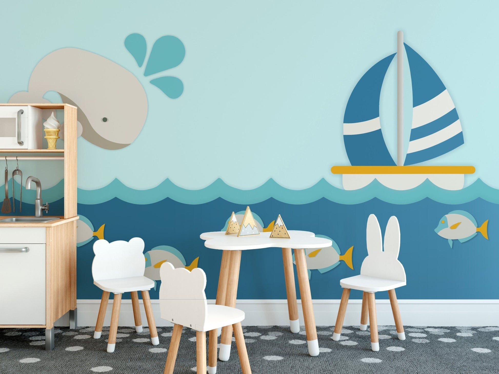 Cute ocean-themed nursery wallpaper with whale and fish A642