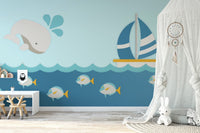 Blue ocean kids wallpaper with boat and swimming fish A642