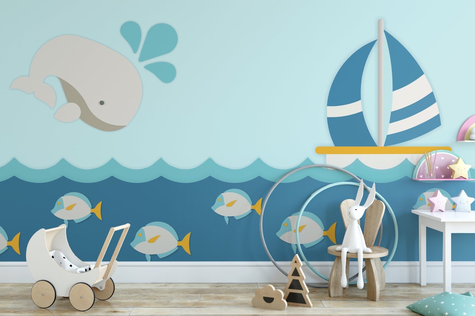 Whale with Boat Kids Room Wallpaper Murals - Giffywalls A642