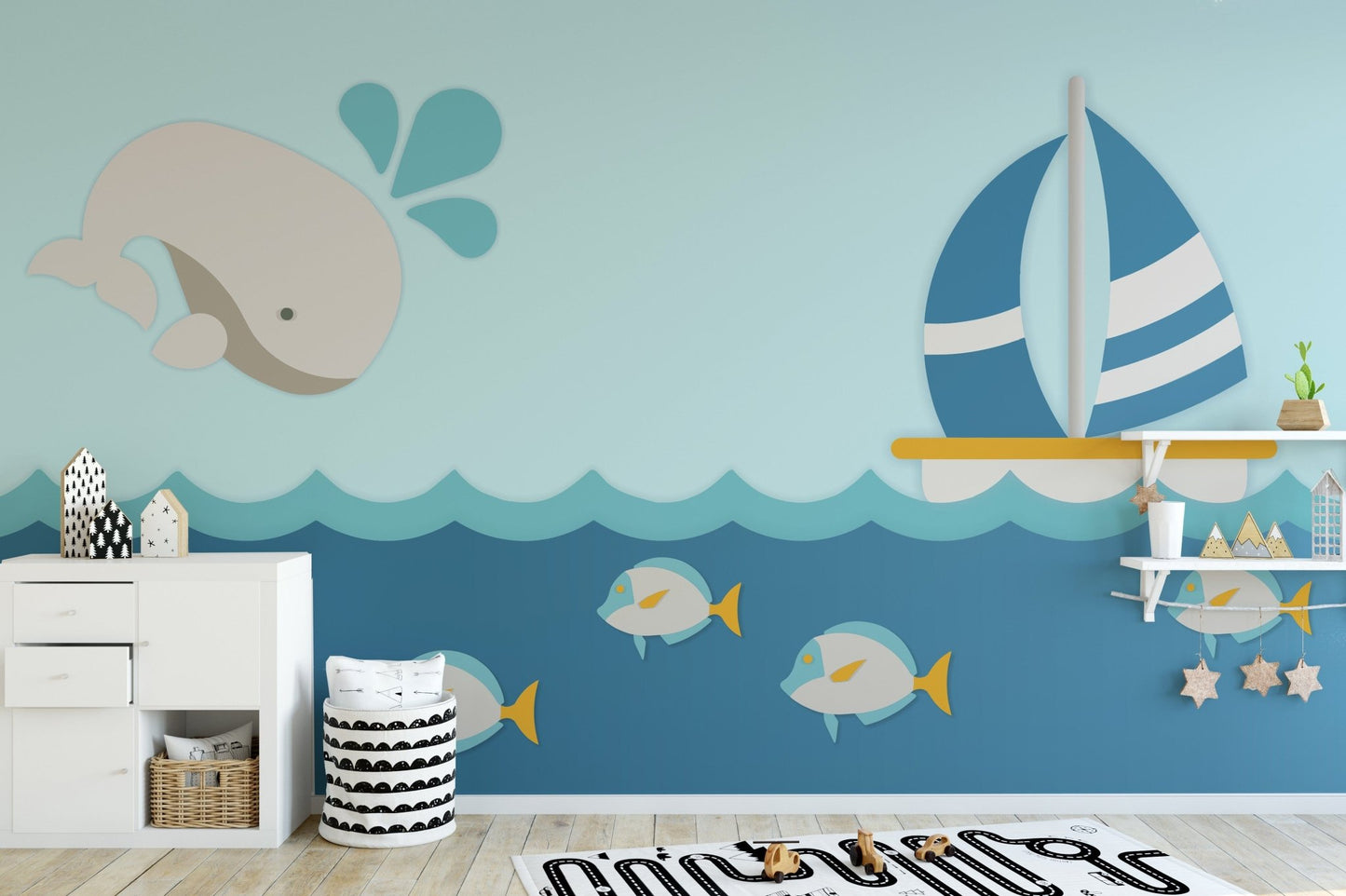 Whale and sailboat nursery mural wallpaper for decor A642